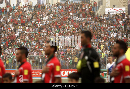 Sept. 8, 2015 - Al-Ram, West Bank, Palestinian Territory - Palestinian players vies for the ball with UAE players during their 2018 FIFA World Cup qualifying football match between Palestine and UAE, at the Faisal al-Husseini Stadium, on September 8, 2015 in the West Bank town of Al-Ram © Shadi Hatem/APA Images/ZUMA Wire/Alamy Live News Stock Photo