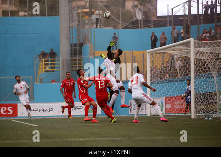 Sept. 8, 2015 - Al-Ram, West Bank, Palestinian Territory - Palestinian players vies for the ball with UAE players during their 2018 FIFA World Cup qualifying football match between Palestine and UAE, at the Faisal al-Husseini Stadium, on September 8, 2015 in the West Bank town of Al-Ram © Shadi Hatem/APA Images/ZUMA Wire/Alamy Live News Stock Photo