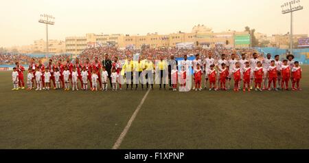 Sept. 8, 2015 - Al-Ram, West Bank, Palestinian Territory - Palestine and UAE teams pose for a photograph before their 018 FIFA World Cup qualifying football match, at the Faisal al-Husseini Stadium, on September 8, 2015 in the West Bank town of Al-Ram © Shadi Hatem/APA Images/ZUMA Wire/Alamy Live News Stock Photo