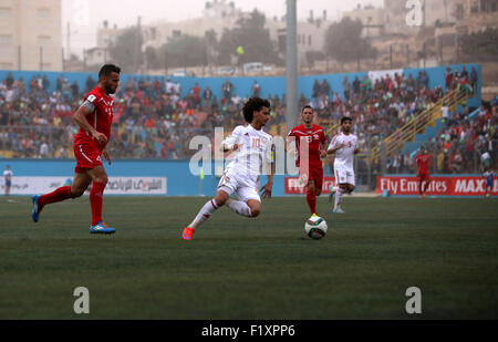 Sept. 8, 2015 - Al-Ram, West Bank, Palestinian Territory - Palestinian players vies for the ball with UAE players during their 2018 FIFA World Cup qualifying football match between Palestine and UAE, at the Faisal al-Husseini Stadium, on September 8, 2015 in the West Bank town of Al-Ram © Shadi Hatem/APA Images/ZUMA Wire/Alamy Live News Stock Photo