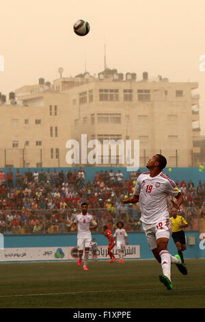 Sept. 8, 2015 - Al-Ram, West Bank, Palestinian Territory - Palestinian players vies for the ball with UAE players during their 2018 FIFA World Cup qualifying football match between Palestine and UAE, at the Faisal al-Husseini Stadium, on September 8, 2015 in the West Bank town of Al-Ram © Shadi Hatem/APA Images/ZUMA Wire/Alamy Live News Stock Photo