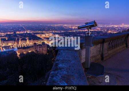 France, Savoie, Rhone, Lyon, historical site listed as World Heritage by UNESCO, view of the Vieux Lyon (Old Town) and Saint Jean Cathedral (Saint John's Cathedral), the place Bellecour in the district of La Presqu'Ile in the background and the Alps since Stock Photo