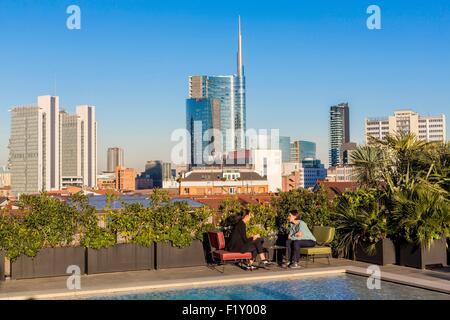 Italy, Lombardy, Milan, 7 Ceresio, restaurant with rooftop pool, designed by the architectural firm Studio Dimore with basically the Porta Nuova district and Unicredit Tour de architect Cesar Pelli Stock Photo