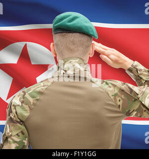Soldier in hat facing national flag series - North Korea Stock Photo