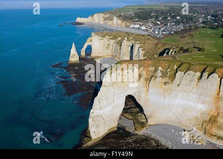 Aerial view of Etretat cliffs and the Atlantic ocean. Chalk cliffs and ...