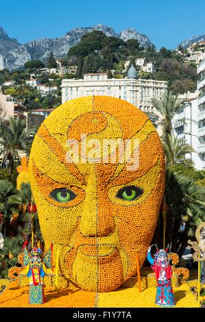 France, Alpes Maritimes, Menton, 82nd Lemon Festival on the theme of the Tribulations of a lemon in China, organized by the Tourist Office in Bioves Gardens Stock Photo