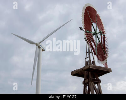 Windmills on display at the American Wind Power Center and Museum in Lubbock, Texas. Stock Photo