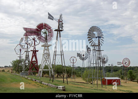 Windmills on display at the American Wind Power Center and Museum in Lubbock, Texas. Stock Photo