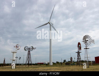 Windmills and wind turbines on display at the American Wind Power Center and Museum in Lubbock, Texas. Stock Photo