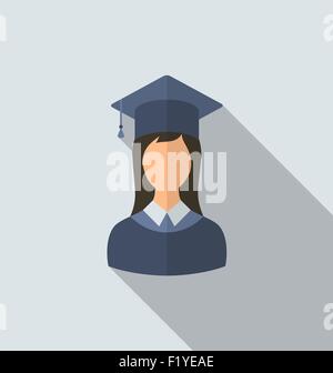 Flat icon of female graduate in graduation hat, minimal style wi Stock Vector