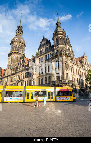 Street scene with yellow tram at The Theaterplatz of the Altstadt in Dresden, Saxony,Germany, Europe Stock Photo