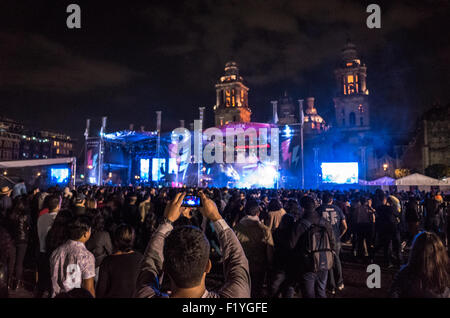 A stage is set up in the Zocalo in front of the Metropolitan Cathedral. Formally known as Plaza de la Constitución, the Zocalo is the historic heart of Mexico City. Stock Photo