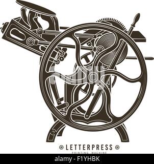 Letterpress printing machine vector illustration. Vintage print logo design. Stock Vector