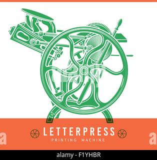 Letterpress overprint vector design. Vintage printshop logo. Old printing machine illustration. Stock Vector