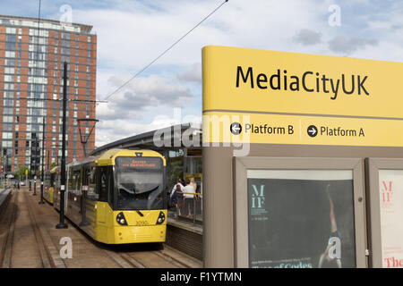 Sign at Metrolink tram station at MediaCityUK, Salford Quays ...