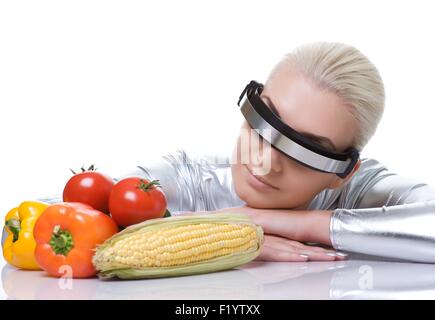 Attractive cyber woman with different vegetables Stock Photo