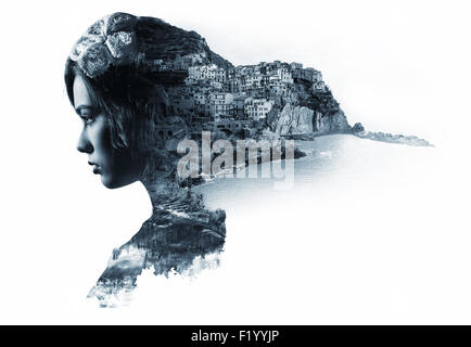 Double exposure portrait of a woman and view of Manarola Stock Photo