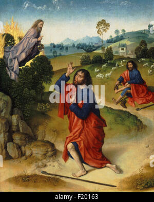 Dirk Bouts  - Moses and the Burning Bush, with Moses removing His Shoes Stock Photo