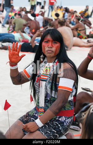 Mayalu Waura Txucarramae, an indigenous activist, at the People's Summit at the United Nations Conference on Sustainable Development, Rio de Janeiro, Brazil, 2012. Photo © Sue Cunningham. Stock Photo