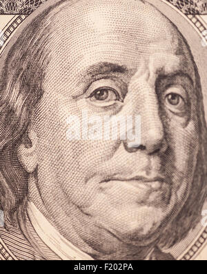 Macro shot of Benjamin Franklin portrait from a $100 bill Stock Photo