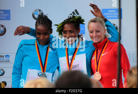 Feye Tadese, Tirfi Tsegaye, Shalane Flanagan - Berlin Marathon, 28. September 2014, Berlin-Mitte. Stock Photo