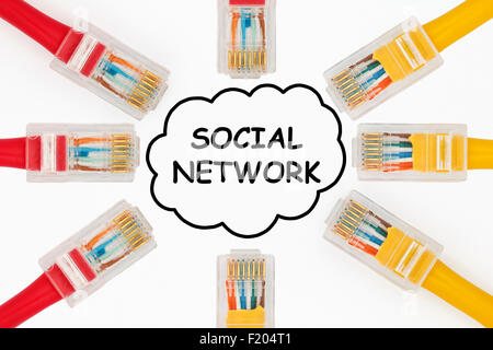 Social Network Concept. LAN cables connecting into a social network represented as a cloud on a white background. Stock Photo