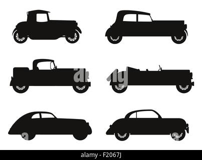 set icons old retro car black silhouette vector illustration isolated on white background Stock Vector