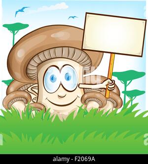 mushroom cartoon with signboard o Stock Vector