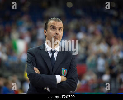 Berlin, Germany. 08th Sep, 2015. Italy's coach Simone Pianigiani reacts during the FIBA EuroBasket 2015 Group B match Spain vs Italy, at the Mercedes-Benz-Arena in Berlin, Germany, 08 September 2015. Photo: Rainer Jensen/dpa/Alamy Live News Stock Photo