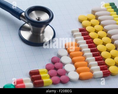 Variety of medicine and stethoscope on graph paper to illustrate increase in medical drug use Stock Photo