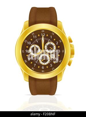 gold mechanical wristwatch watch with leather strap vector illustration isolated on white background Stock Vector