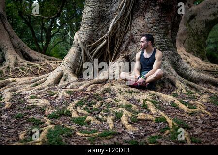 Young man sitting in park tree roots, Sao Paulo, Brazil Stock Photo