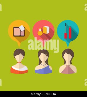 Three woman with speech and thought bubbles, flat modern icons Stock Vector