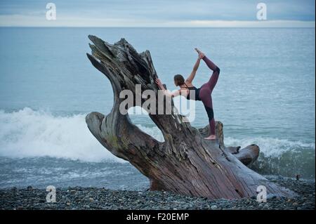 Mature woman practicing yoga position on large driftwood tree trunk at beach Stock Photo