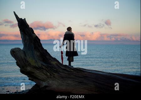 Woman leaning on umbrella standing on large driftwood tree trunk on beach Stock Photo