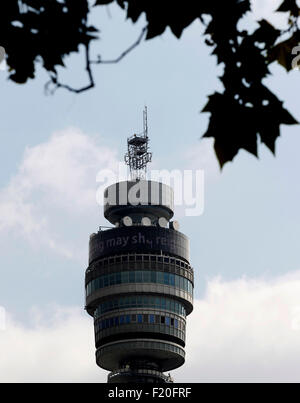 London, Britain. 9th Sep, 2015. The BT Tower in central London is scrolling the message 'Long may she reign' to mark the day on which Queen Elizabeth II becomes the longest reigning monarch in British history.in London, Britain, on Sept. 9, 2015. Wednesday marks the 63 years and 216 days since the Queen came to the throne. The procession began from east of Tower Bridge at midday, with the vessels sounding their horns for one minute. Also, the Tower Bridge lifted as a sign of respect. Credit:  Han Yan/Xinhua/Alamy Live News Stock Photo