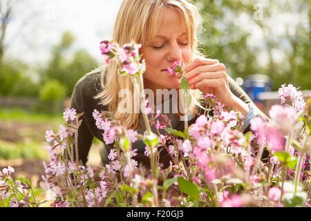 Mature woman, outdoors, smelling flowers Stock Photo