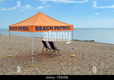 Bexhill-on-Sea, East Sussex, England, UK. Empty 'beach patrol' station on a quiet day in August Stock Photo
