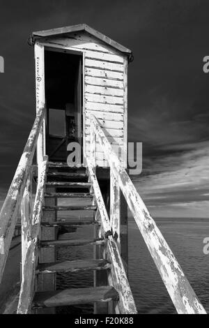 Lindisfarne causeway refuge box in evening light, Isle of Lindisfarne, Northumberland, England, UK Stock Photo