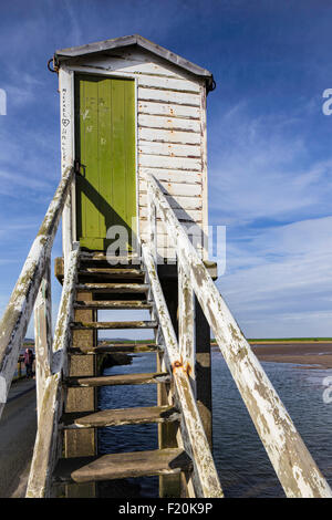 Lindisfarne causeway refuge box in evening light, Isle of Lindisfarne, Northumberland, England, UK Stock Photo