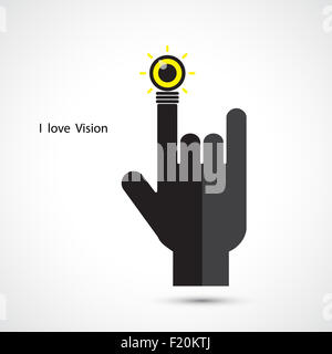 Creative light bulb and hand icon abstract  design. I love vision concept. Corporate business creative logotype symbol. Stock Photo