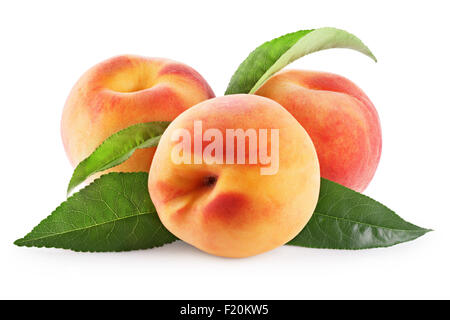 Peaches with leaves isolated on a white background Stock Photo