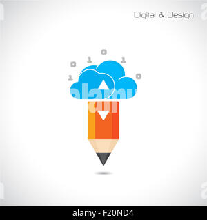 Creative pencil and cloud symbol. Flat design style and digital concept. Stock Photo