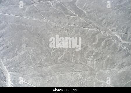 Peru, Ica Region, Nazca Desert, the Nazca Lines (5th-7th century), listed as World Heritage site by UNESCO, the geoglyphs are large figures drawn on the ground, often stylized animals, monkey (93 m long), aerial view Stock Photo