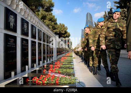 Azerbaijan, Baku, Martyrs' Lane (Alley of Martyrs), tombs of those killed by the soviet army during Black January on 20-01-1990, military ceremony during the 25th Martyrs' Day commemoration in 2015 Stock Photo