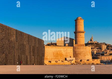 France, Bouches du Rhone, Marseille, MuCEM (Museum of European and Mediterranean Civilisations) and the Fort Saint Jean Stock Photo