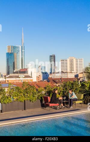 Italy, Lombardy, Milan, 7 Ceresio, restaurant with rooftop pool, designed by the architectural firm Studio Dimore with basically the Porta Nuova district and Unicredit Tour de architect Cesar Pelli Stock Photo