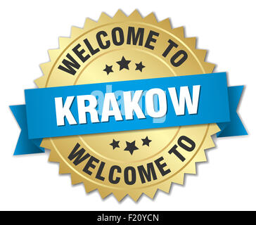 Krakow 3d gold badge with blue ribbon Stock Photo