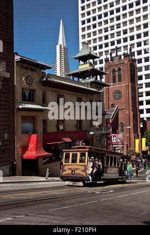 United States, California, San Francisco, Cable Car passing by Chinatown's main door Stock Photo