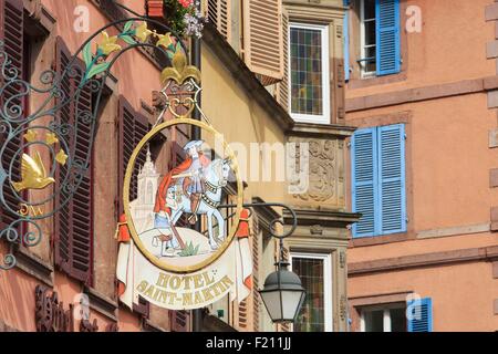 France, Haut Rhin, route des Vins d'Alsace, Colmar, facades and hotel sign of Hotel Saint Martin in Grand Rue Stock Photo
